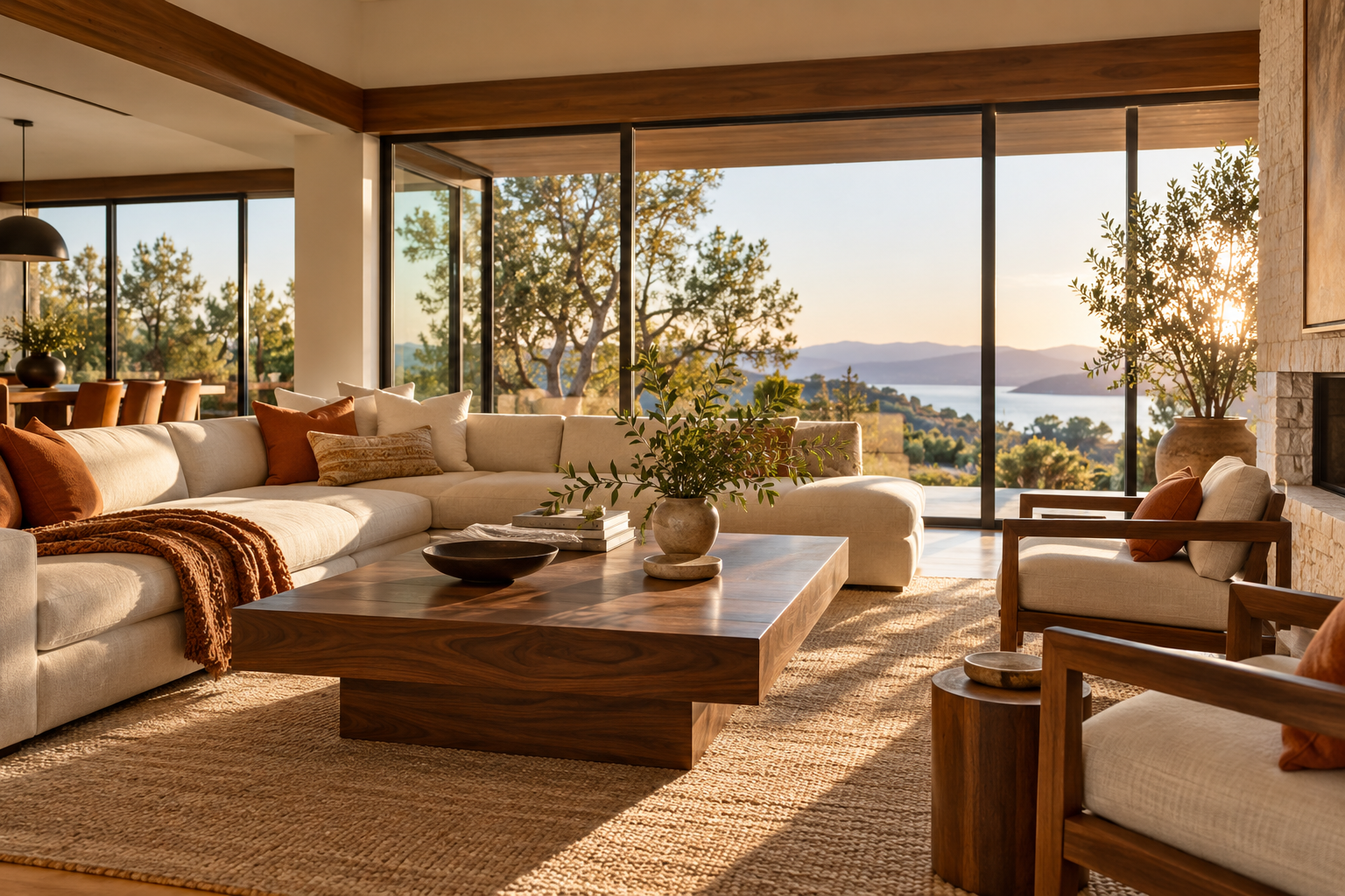 Sunlit living room with a welcoming sofa and warm wood furnishings — a concept for the Roamstead experience